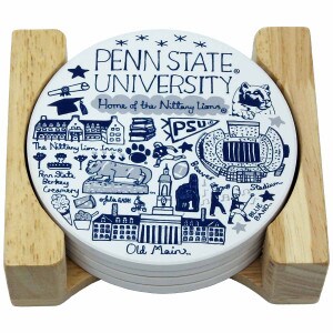 coaster set of 4 Julia Gash Penn State University illustrations with wood holder